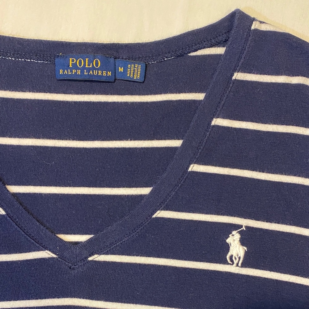 Polo Ralph Lauren Navy & White Striped V-Neck Long Sleeve T-Shirt